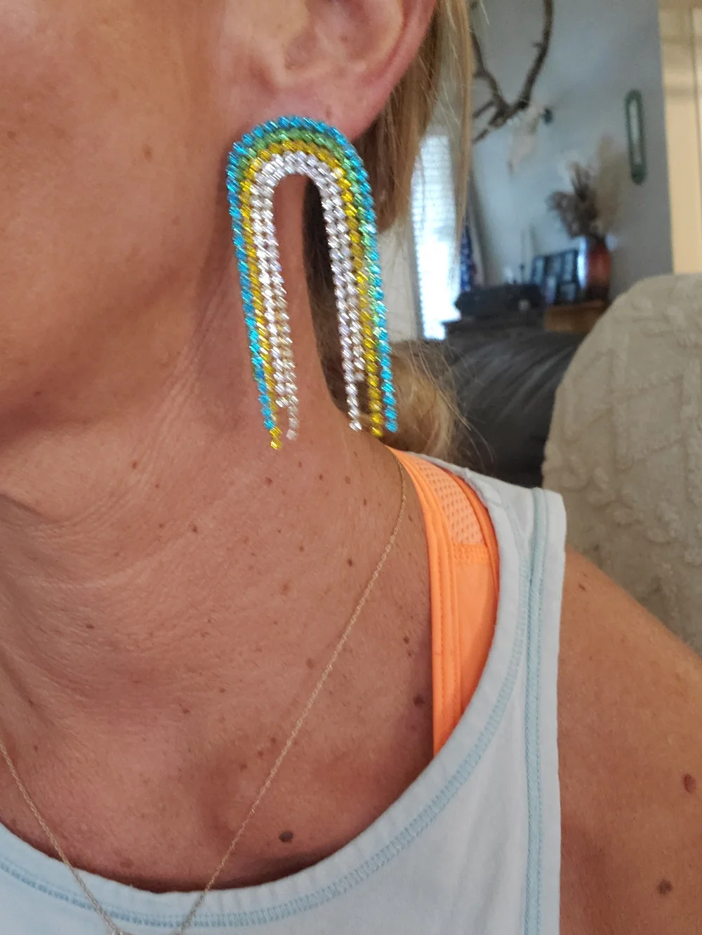Rainbow Waterfall  Crystal Drop Earrings - Blue/Teal/Yellow Set Of 6